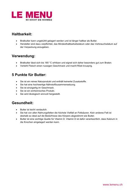 Facts rund um Bratbutter zum Ausdrucken (PDF - Le Menu