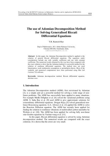 The use of Adomian Decomposition Method for Solving Generalised ...