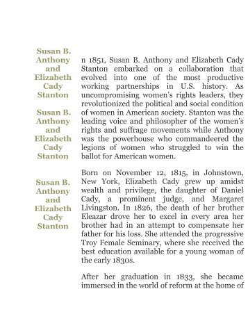 Susan B. Anthony and Elizabeth Cady Stanton Susan B. Anthony ...