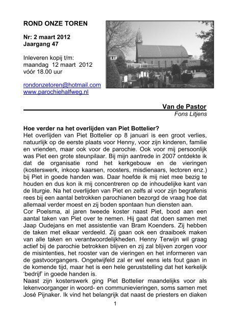 ROND ONZE TOREN Van de Pastor - Parochie onze lieve vrouw ...