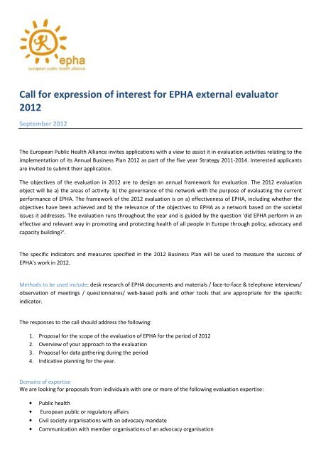 Call for expression of interest for EPHA external evaluator 2012