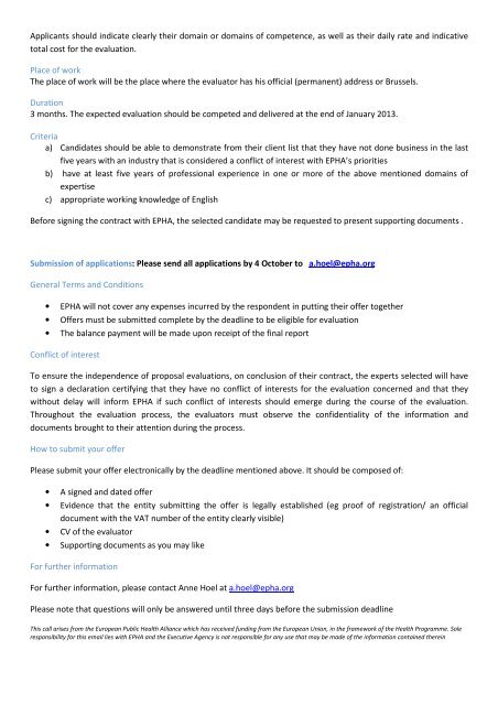 Call for expression of interest for EPHA external evaluator 2012