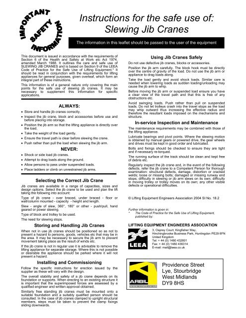 Instructions for the safe use of: Slewing Jib Cranes - Arbil Lifting Gear