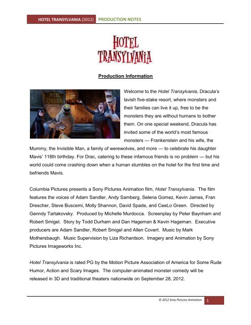 production notes hotel transylvania - Visual Hollywood