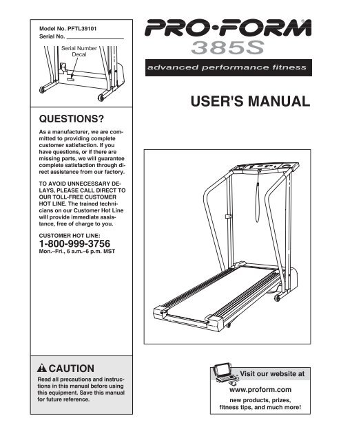 proform 385s - ICON Health & Fitness, Inc. Customer Service