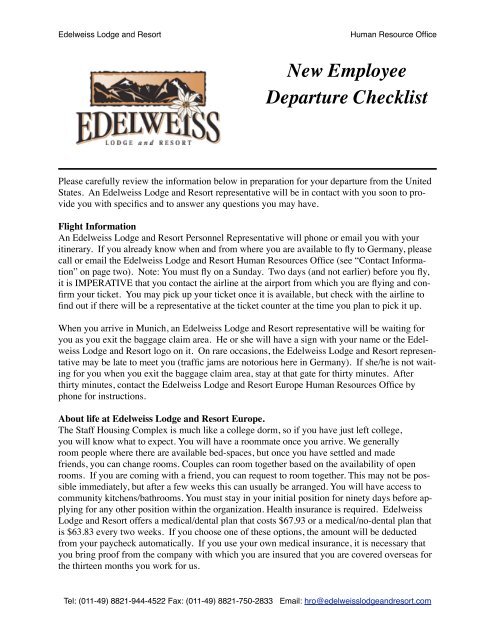 New Employee Departure Checklist - Edelweiss Lodge and Resort