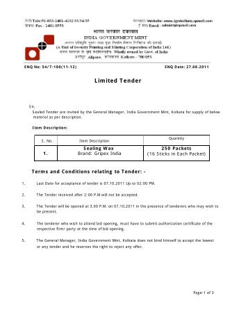 Limited Tender - The India Government Mint , Kolkata