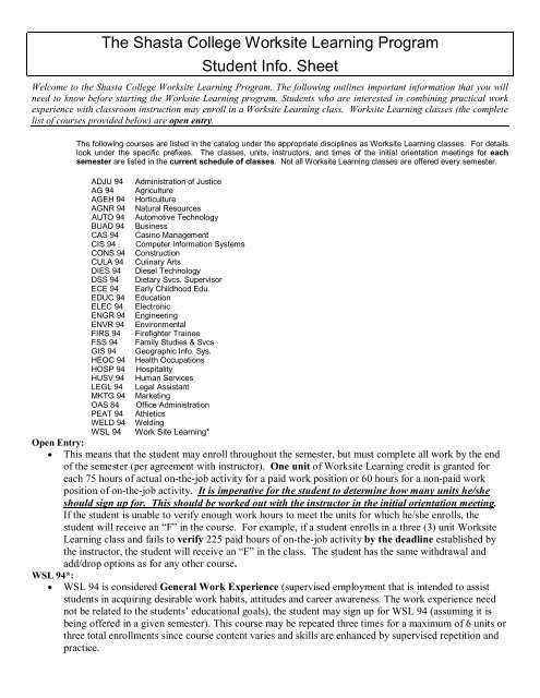 Student Information Sheet - Shasta College