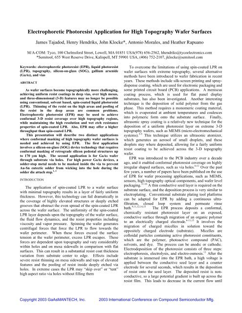 Electrophoretic Photoresist Application for High ... - CS Mantech