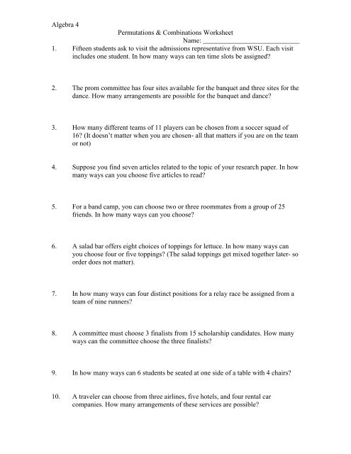 Algebra 4 Permutations &amp; Combinations Worksheet Name: 1. Fifteen ...