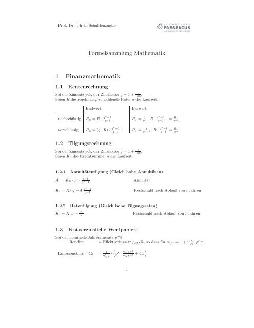 Formelsammlung Mathematik & Statistik - Hochschule Fresenius