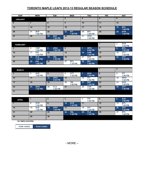 Printable Toronto Maple Leafs Home Schedule Leafandtrees