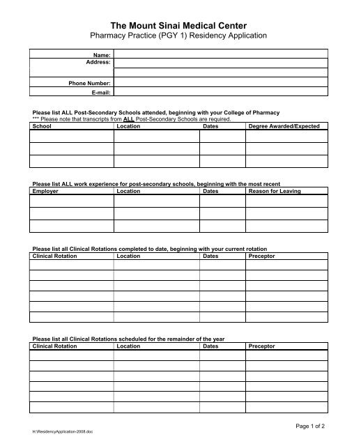 PGY-1 Residency Application [PDF] - Mount Sinai Hospital