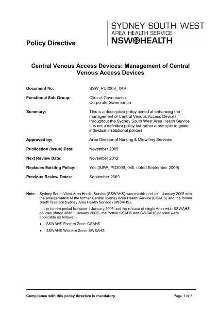 Management of Central Venous Access Devices - Sydney South ...