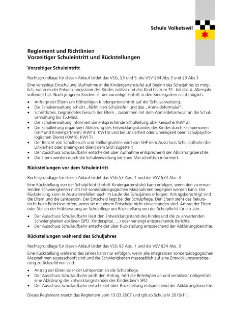 Reglement Schuleintritt - Schule Volketswil