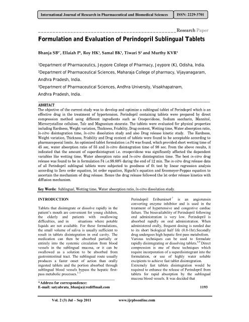 Formulation and Evaluation of Perindopril Sublingual Tablets