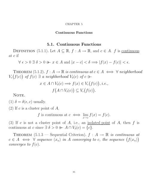 5.1. Continuous Functions Definition (5.1.1). Let A â R, f : A ... - CBU
