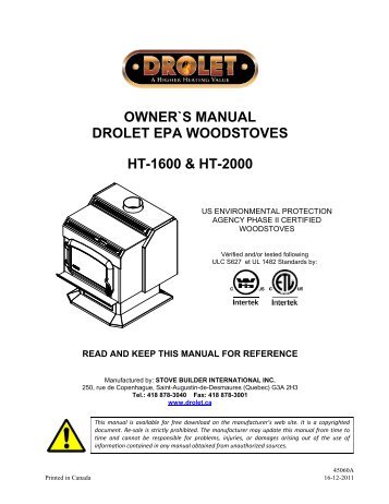 owner`s manual drolet epa woodstoves ht-1600 & ht-2000