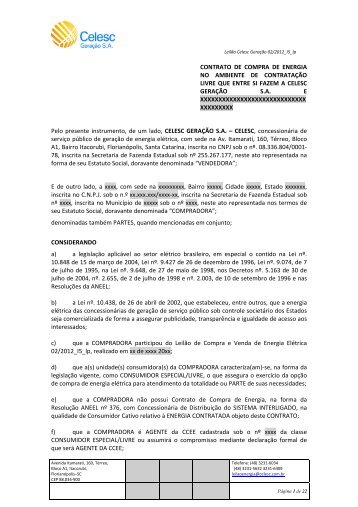 CONTRATO DE COMPRA DE ENERGIA NO AMBIENTE ... - Celesc