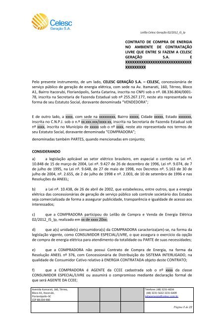 CONTRATO DE COMPRA DE ENERGIA NO AMBIENTE ... - Celesc