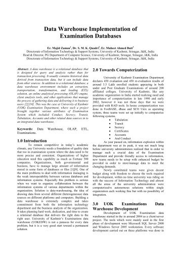 Data Warehouse Implementation of Examination Databases - Index of