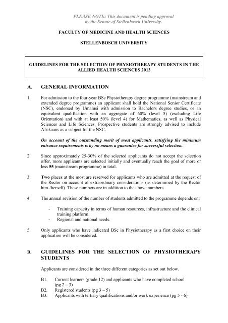 Selection guidelines - Stellenbosch University. What sets us apart?
