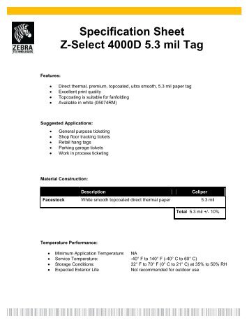 Specification Sheet Z-Select 4000D 5.3 mil Tag - Mobile ID Solutions