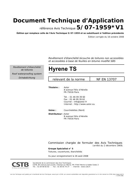 Document Technique d'Application Hyrene TS - Axter