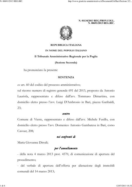 TAR Puglia Bari sez. II 10/7/2013 n. 1134. - Appalti e Contratti