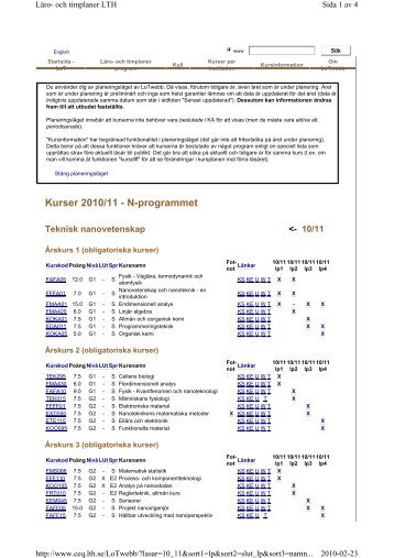 Kurser 2010/11 - Student LTH - Lunds Tekniska Högskola