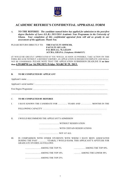academic referee's confidential appraisal form - University of Ghana
