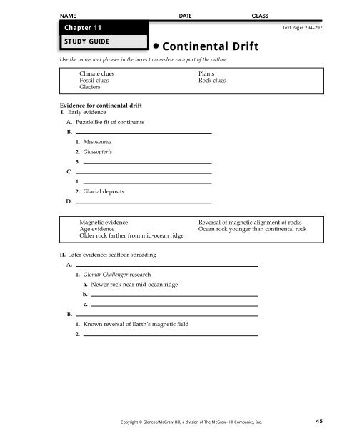 Evidence for Continental Drift- worksheet