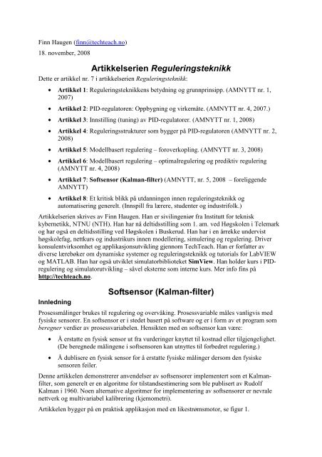 Artikkelserien Reguleringsteknikk Softsensor (Kalman ... - TechTeach