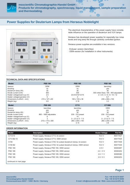 Power Supplies for Deuterium Lamps from Heraeus Noblelight