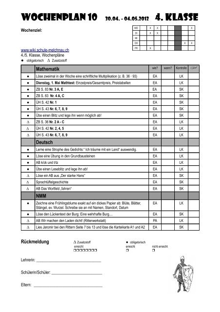 Wochenplan 10 30.04. - 04.05.2012 4. Klasse Mathematik ... - Wiki