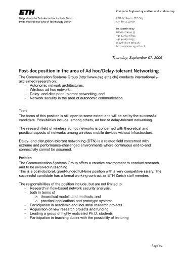 Post-doc position in the area of Ad hoc/Delay-tolerant Networking