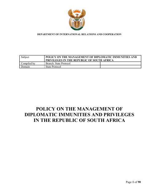 Policy on the Management of Diplomatic Immunities and Privileges ...