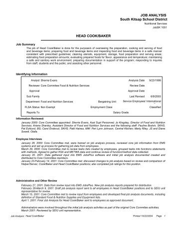 JOB ANALYSIS HEAD COOK/BAKER South Kitsap School District