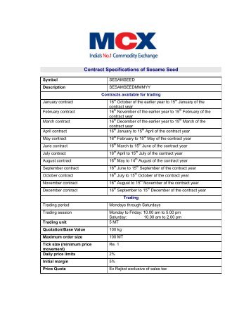 Contract Specifications of Sesame Seed - MCX