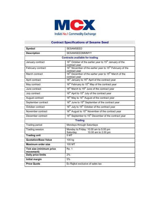 Contract Specifications of Sesame Seed - MCX