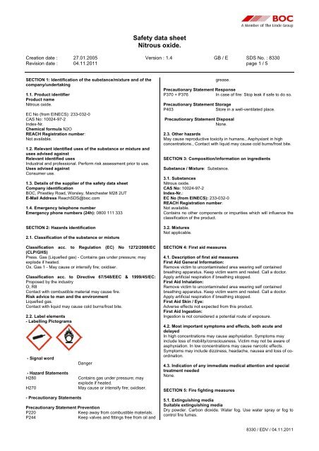 Safety Data Sheet Nitrous Oxide Boc
