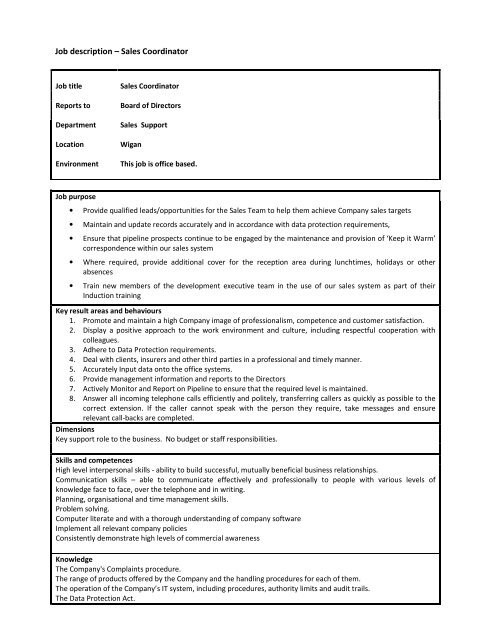 Job Description Sales Coordinator Wcib Intranet