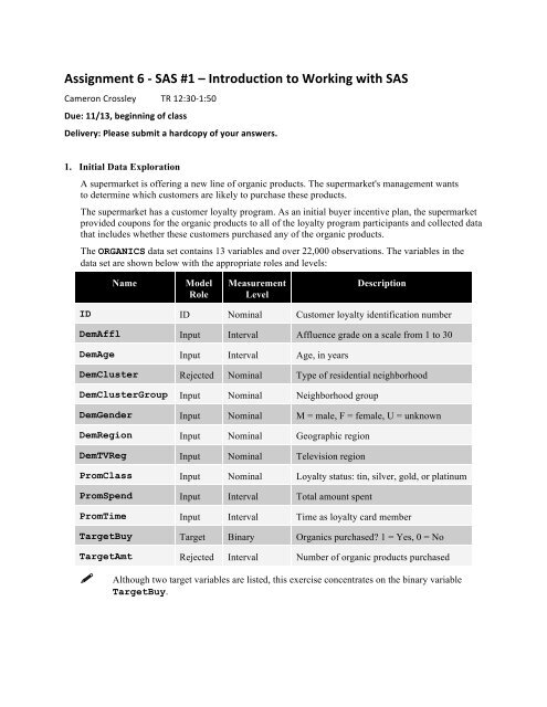 Assignment 6 -â SAS #1 â Introduction to Working ... - Temple Fox MIS