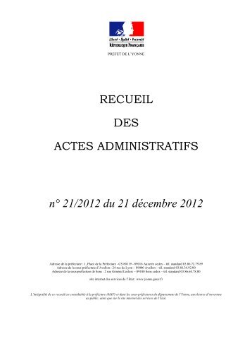 recueil nÂ°21 - PrÃ©fecture de l'Yonne