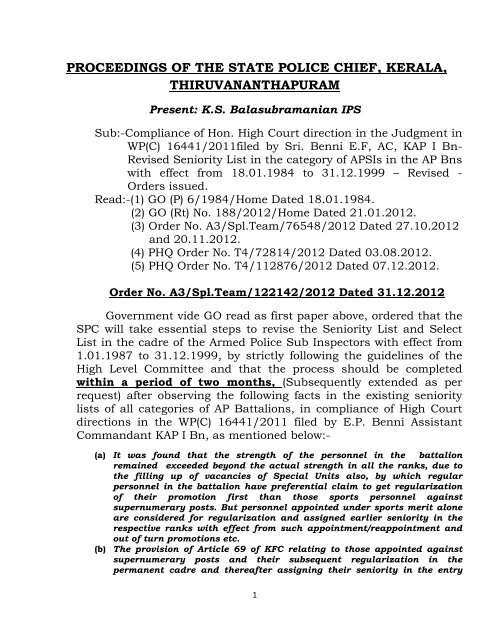 PROCEEDINGS OF THE STATE POLICE CHIEF, KERALA ...