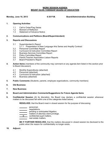 WORK SESSION AGENDA MOUNT OLIVE TOWNSHIP BOARD OF ...