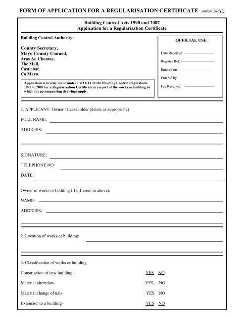 Regularisation Certificate Application Form (PDF-106 kb)