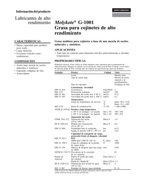 MolykoteÂ® G-1001 Grasa para cojinetes de alto rendimiento - hubame