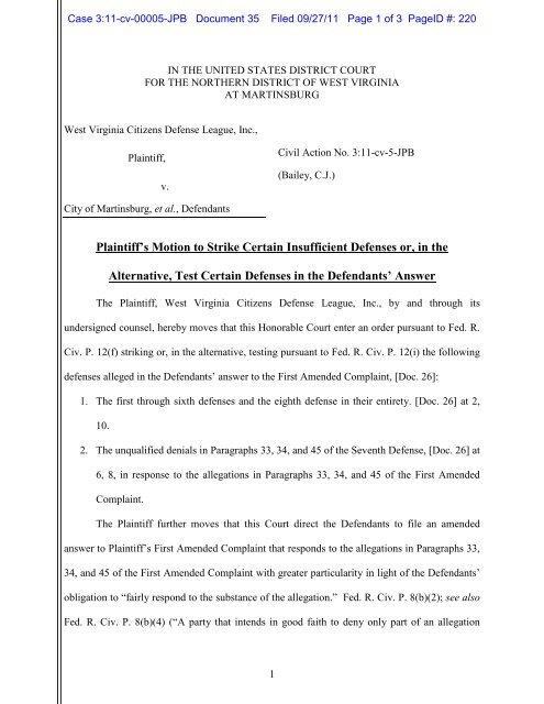 Plaintiff S Motion To Strike Certain Insufficient Defenses Or In The