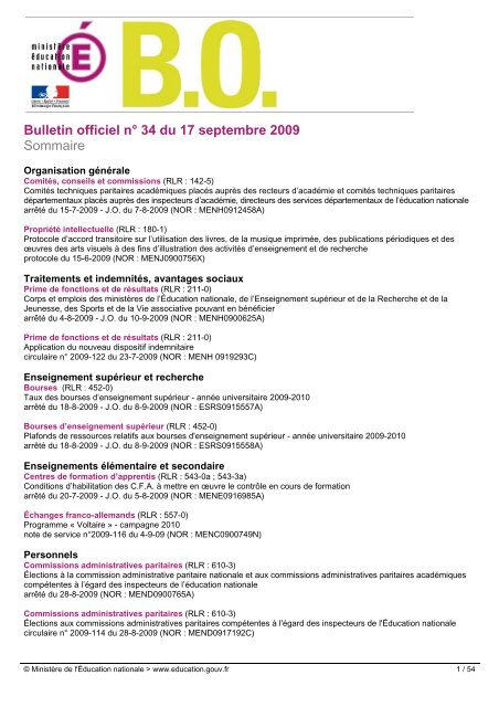 Bulletin officiel nÂ° 34 du 17 septembre 2009 Sommaire - les BOEN ...